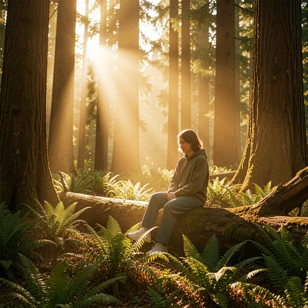 A person sitting peacefully in a natural environment surrounded by trees and soft sunlight