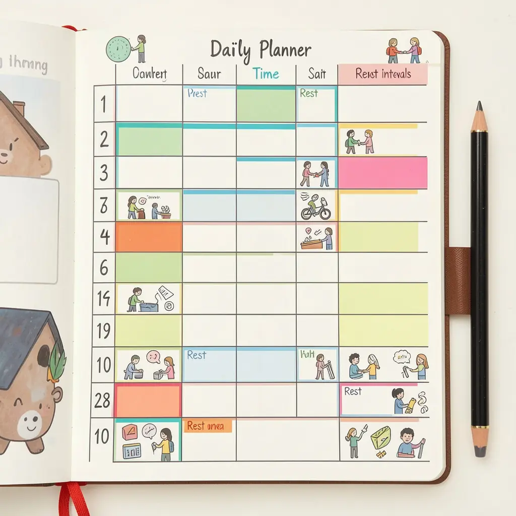 An illustrated daily planner with time blocks showing rest intervals between activities